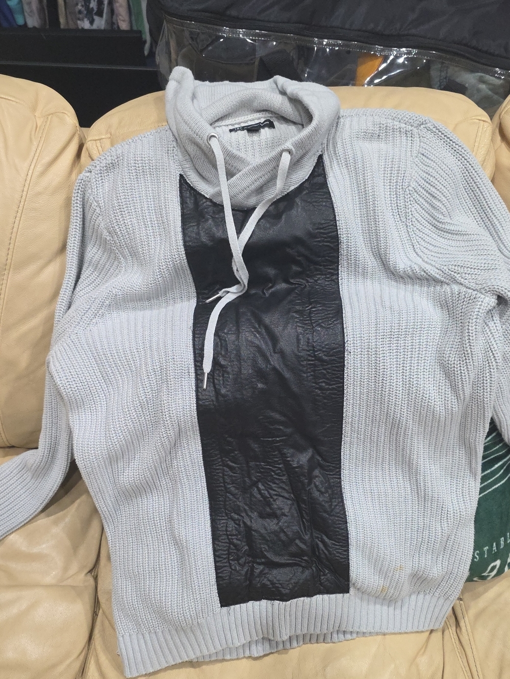 INC International Concepts Light Gray Turtleneck Sweater with Black Center Panel